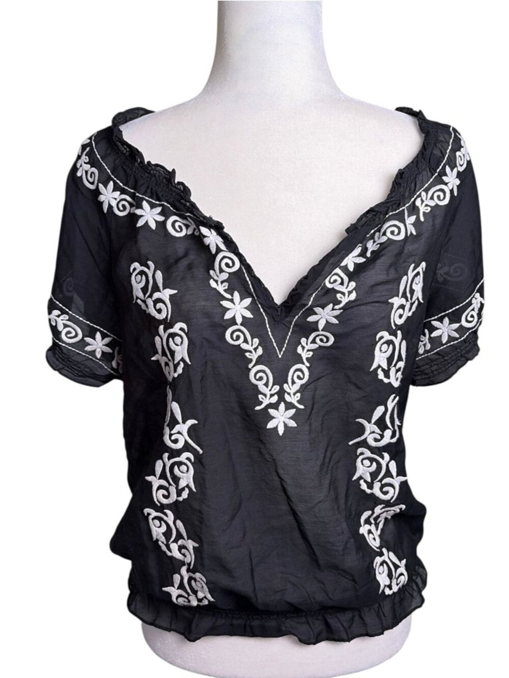 Vintage Cache 90's Silk Peasant Blouse Boho Whimsy Fairy Y2K Embroidered SZ M